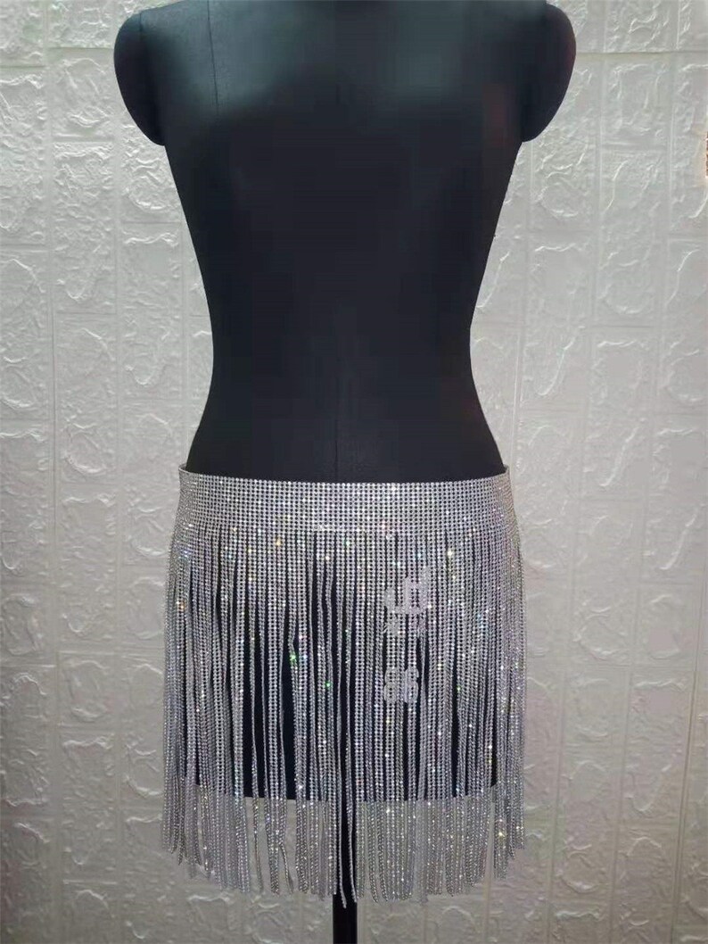Designer Silver Mini Skirt Rhinestone Fringed Body Jewelry | Etsy