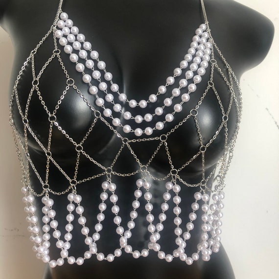Pearl Chain Bra, Body Jewelry, Sexy Pearl Necklace 