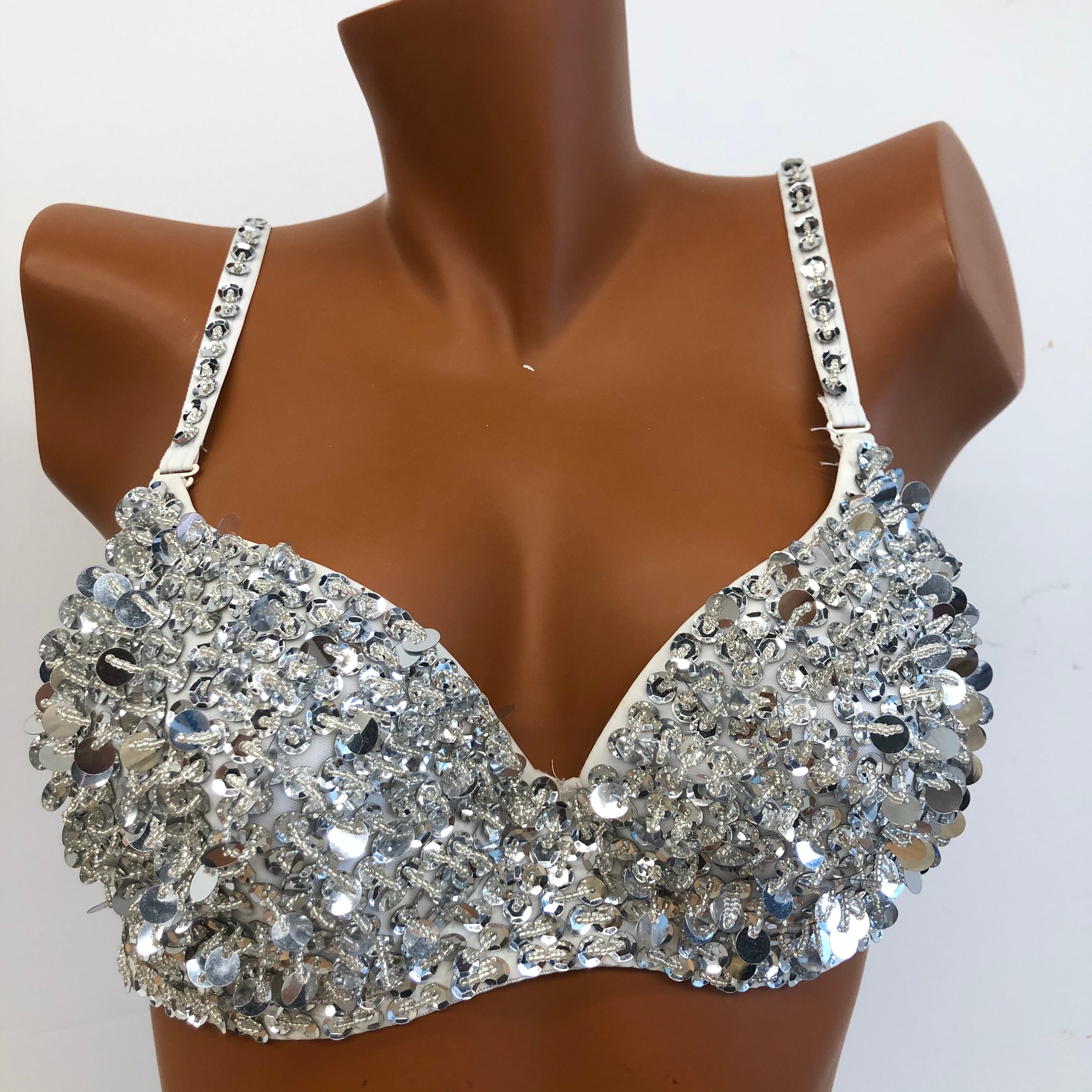 CHICTRY Womens Sparkle Sequins Padded Belly Dance Bra Shiny Beads Rave  Party Performance Tops Costume Silver 34A, 34B 