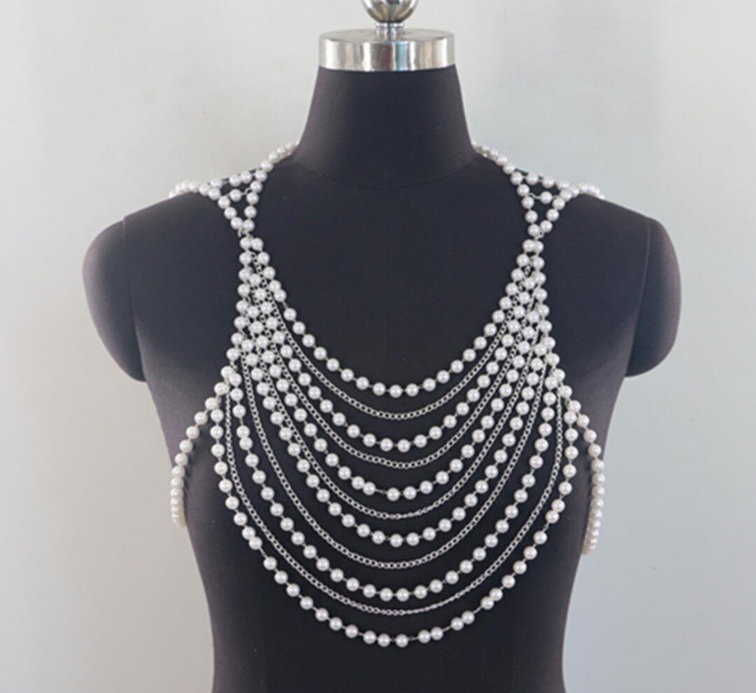 Women's Pearl Body Chain Necklaceadjustable Size Pearl Shoulder Chain