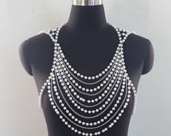 Women's Pearl Body Chain Necklace-Adjustable Size Pearl Shoulder Chain Fashion Pearl Body Chain Jewelry