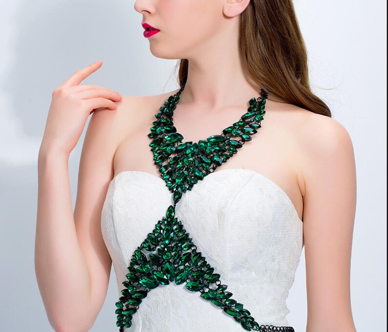 Sexy Crystal Body Necklace Bra Jewelry Carnival Body Accessories Charming Shiny Crystal Bra Stage Green