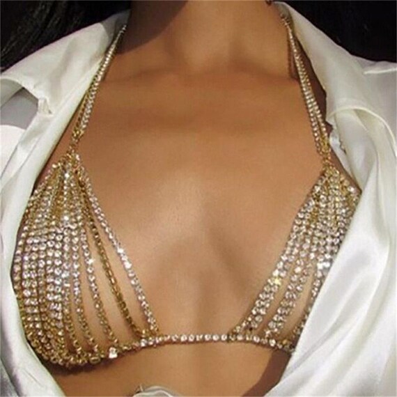 Glänzend Bikini Schmuck BH Brust Körperketten Rhinestone Kristall 