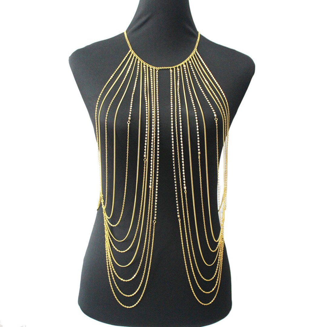 Gold Layered Rhinestone Full Body Necklace Full Body Chain - Etsy