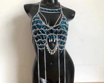 Blue crystal bra chain summer beach vacation style bikini body chain, sexy body chain, belly dance skirt, bikini chain,