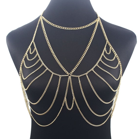 Gold Sexy Chest Body Chain, Body Jewelry, Layered Necklace, Body