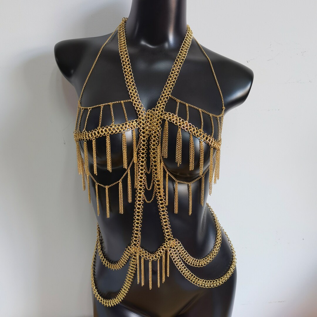 Gold Chain Bra and skirt SET, Chain dress, Mini skirt , Bra, festival  jewelry , body jewelry, silver skirt, waist chain, Nig…