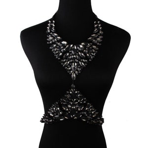 Sexy Crystal Body Necklace Bra Jewelry Carnival Body Accessories Charming Shiny Crystal Bra Stage dark grey