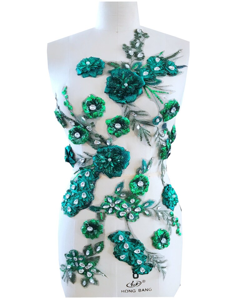 Green beaded embroidery 3D lace flower rhinestone large applique high-grade wedding dress applique