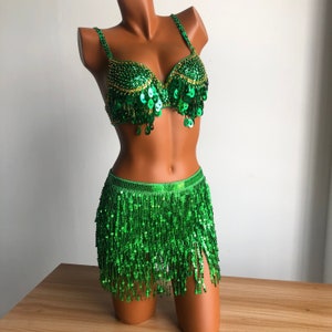 Handmade two-piece sequins and beaded fringed bra and skirt set, costume for belly dance party