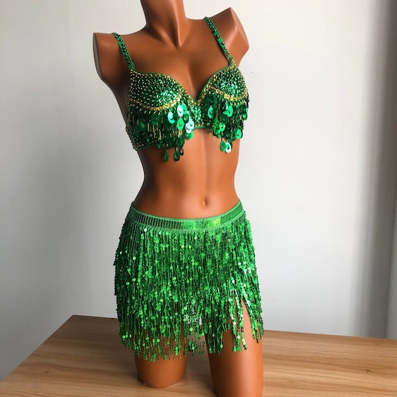 Handmade Two-piece Sequins and Beaded Fringed Bra and Skirt Set