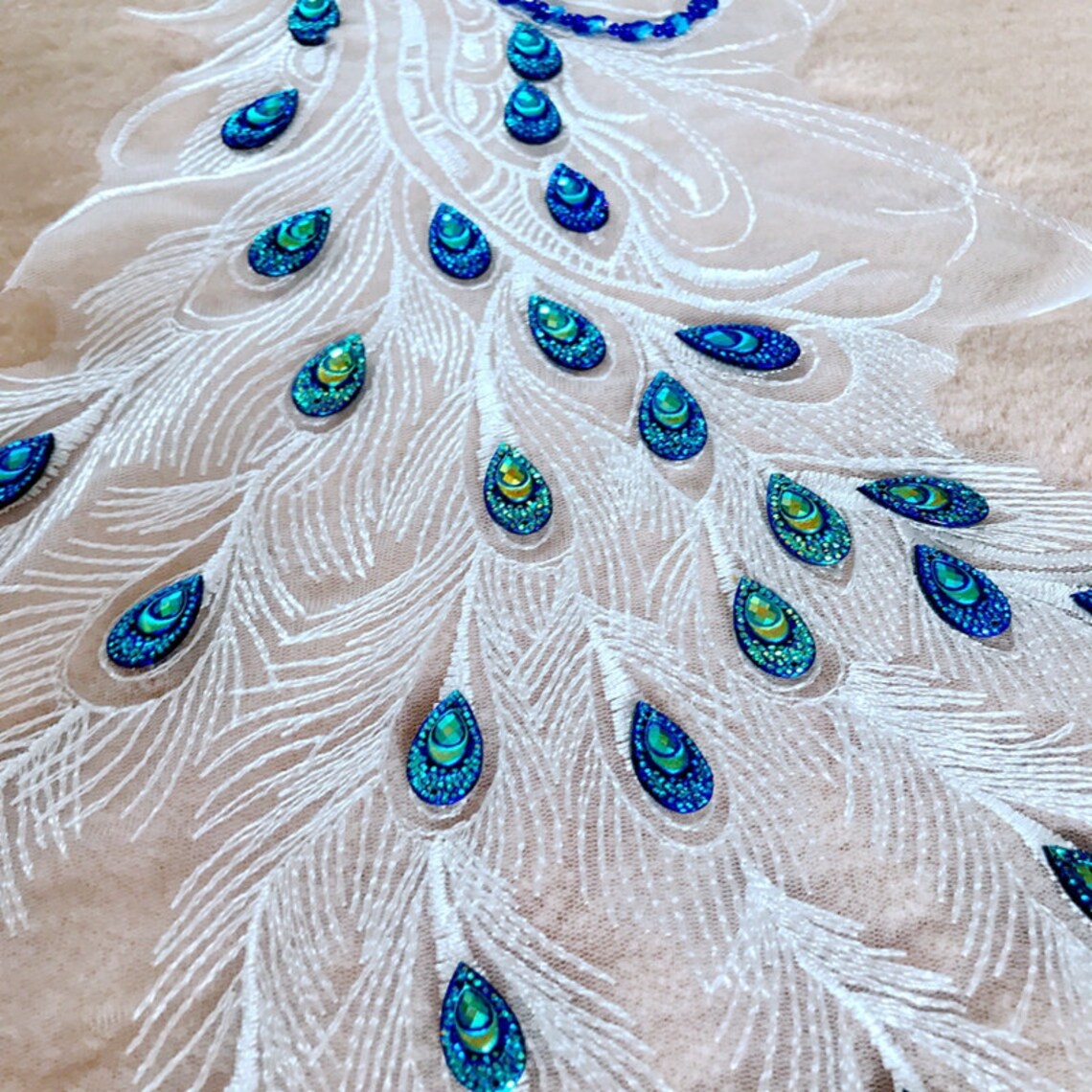 1piece beaded rhinestone sequined peacock lace applique lace | Etsy