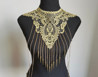 Golden lace tassel body chain, body chain jewelry, shoulder chain, neck chain, shoulder necklace, carnival, festival