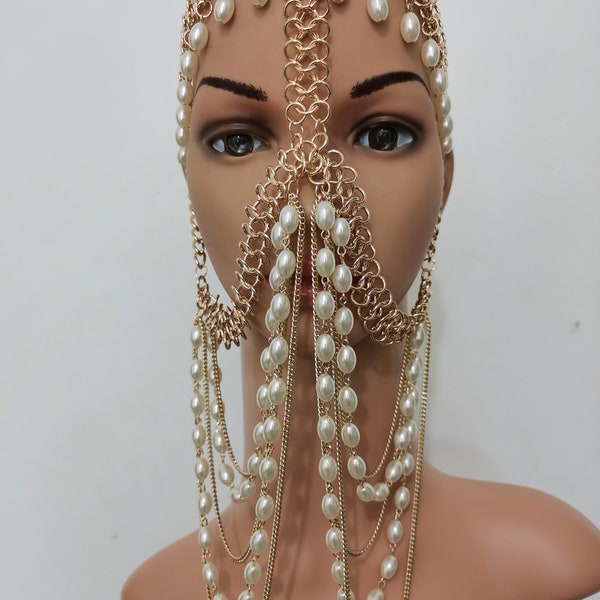 Pearl silver chain mask, face mask, burning man mask Headchain Facechain fashion face mask, face jewelry