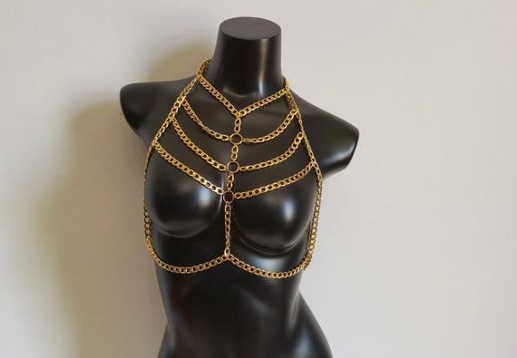 Punk Style Thick Chain Necklace Women Gold Body Chain, Gold Bra