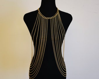 Gold body chain necklace, layered chain necklace, body chain jewelry