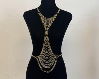 Gold chest chain, body jewelry, holiday, gold body strap, belly chain dress,