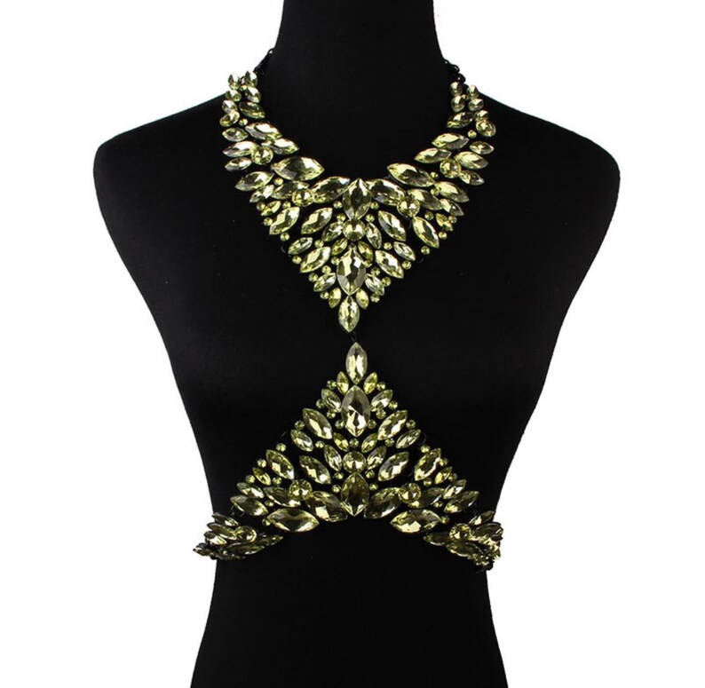 Sexy Crystal Body Necklace Bra Jewelry Carnival Body Accessories Charming Shiny Crystal Bra Stage Yellow