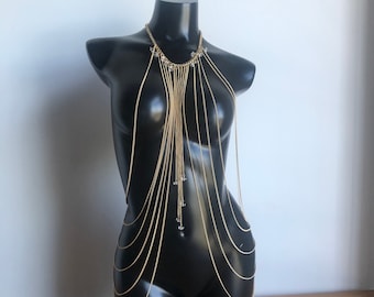 Gold Body Necklace - Body Chain - Gold Metal Crystal Tassel Body Chain - Body Jewelry - Delicate Body Chain - Festive Jewelry