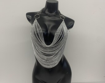 Silver chain bra top, body chain, holiday body chain, party chain dress