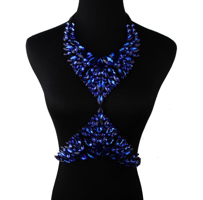 Sexy Crystal Body Necklace Bra Jewelry Carnival Body Accessories Charming Shiny Crystal Bra Stage Blue