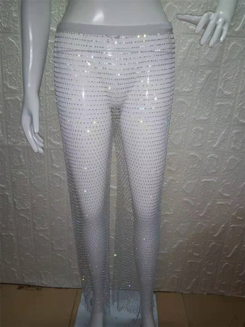 white mesh diamond pants
