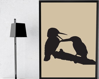 Birds Feeding Silhouette Art Print | Line Art Print | Abstract Line Art | Minimalistic Line Art Drawing | Boho Art | Line Art
