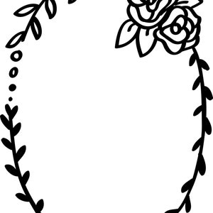Puede incluir: Ilustraci&oacute;n en blanco y negro de un marco ovalado floral con dos rosas y hojas.