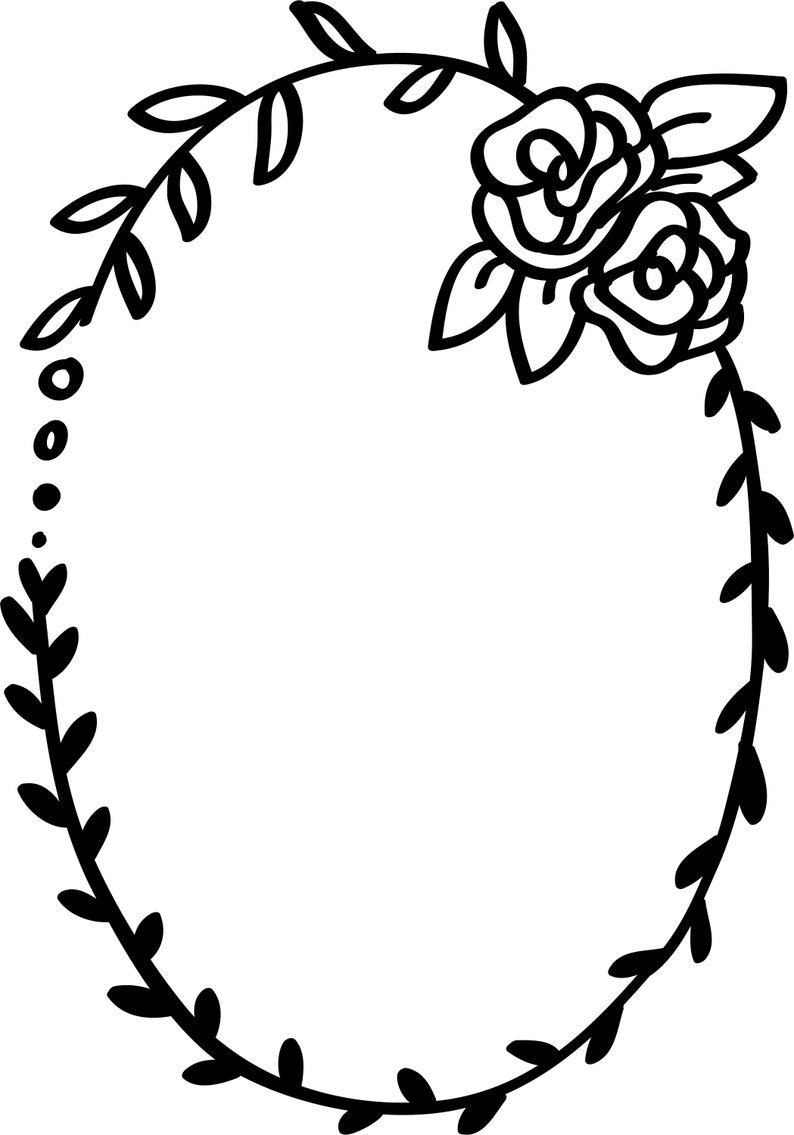 Puede incluir: Ilustraci&oacute;n en blanco y negro de un marco ovalado floral con dos rosas y hojas.