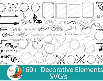 160 種類以上の装飾要素 SVG、渦巻き SVG、境界線 SVG、装飾 SVG、フルページ境界線 SVG、フルおよびハーフリース SVG。デジタルダウンロード