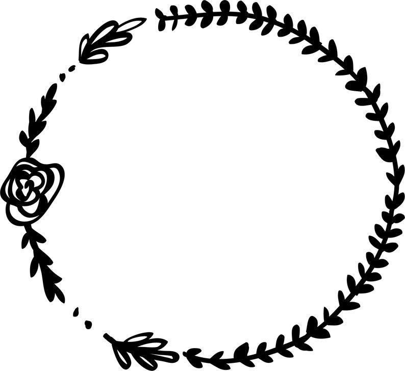 Puede incluir: Corona floral en blanco y negro con una sola rosa en el lado izquierdo. La corona est&aacute; hecha de hojas y ramas simples dibujadas a mano.