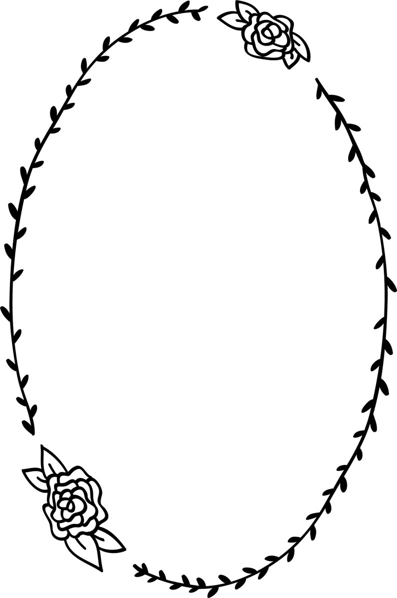 Puede incluir: Un marco ovalado en blanco y negro con detalles florales. El marco est&aacute; hecho de enredaderas con hojas y dos rosas en la parte superior e inferior.