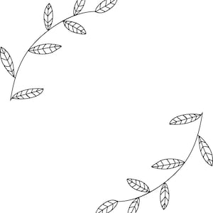 Pu&ograve; includere: Un disegno in bianco e nero di una semplice ghirlanda di foglie. La ghirlanda &egrave; composta da due rami di foglie che sono collegati in alto e in basso.
