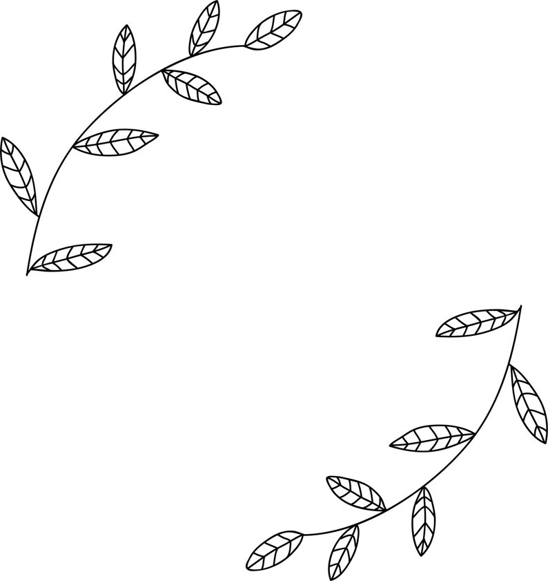Pu&ograve; includere: Un disegno in bianco e nero di una semplice ghirlanda di foglie. La ghirlanda &egrave; composta da due rami di foglie che sono collegati in alto e in basso.