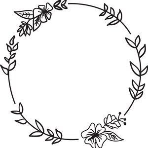 Puede incluir: Una corona floral en blanco y negro con dos flores y hojas. La corona es circular y tiene un espacio en blanco en el centro.