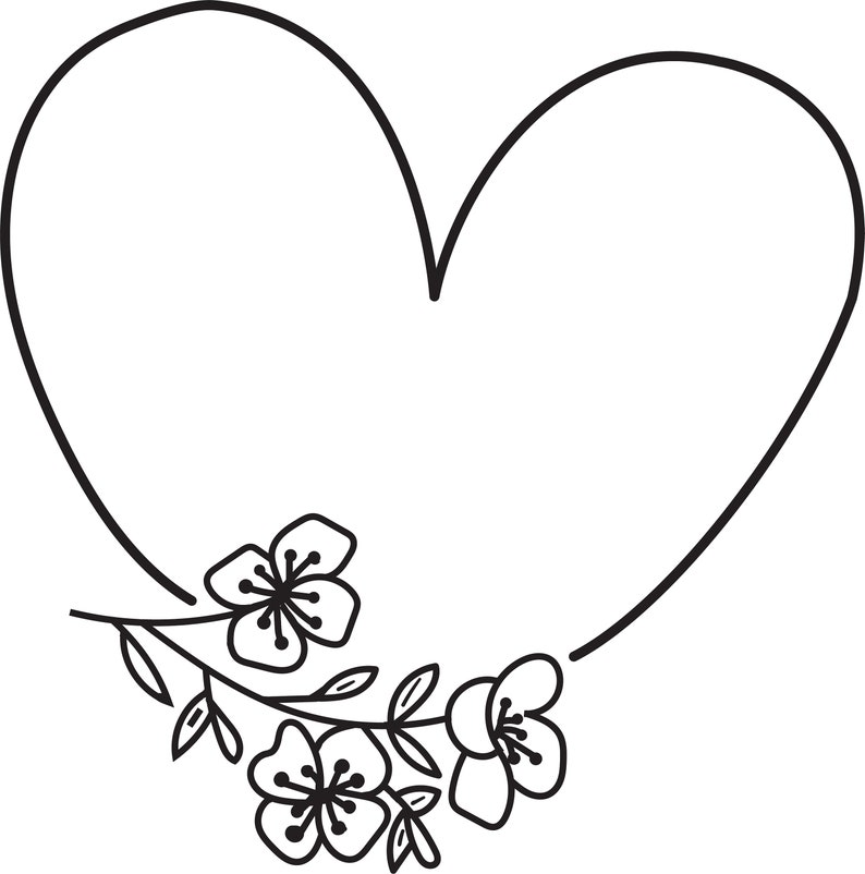 Puede incluir: Un contorno negro de un coraz&oacute;n con un dise&ntilde;o floral en la parte inferior. Las flores son estilizadas y tienen cinco p&eacute;talos cada una.