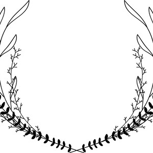 Pu&ograve; includere: Un'illustrazione in bianco e nero di una ghirlanda floreale con foglie e rami delicati.