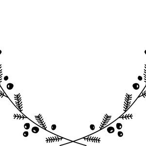 Pu&ograve; includere: Illustrazione in bianco e nero di due rami con foglie e bacche, che formano una cornice decorativa.