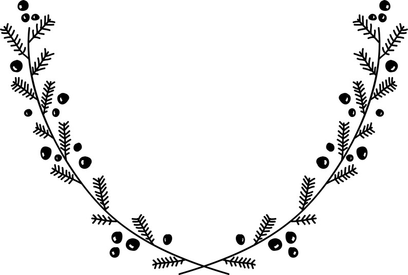 Pu&ograve; includere: Illustrazione in bianco e nero di due rami con foglie e bacche, che formano una cornice decorativa.