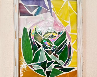 Framed Agave Mosaic: Stained Glass Succulent Art, Bohemian Wall Hanging