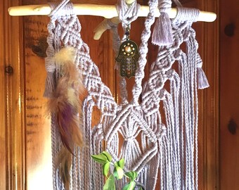 Macrame Plant Hanger: Driftwood Mobile with Hamsa Charm