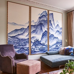 A Thousand Li of Rivers and Mountains' design-------hand-painted in Delft design colours on  White  silk ( no frame)