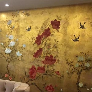 Muster, japanischer Garten Tapeten Handgemalte Tapeten auf antikgold metallic 36 &quot;x 96&quot; / Panel - Akzeptieren Sie benutzerdefinierte Größen