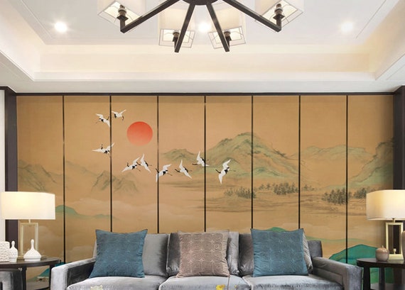 Chinoiserie Blue Mint Mountains and Sunrise Wallpaper Chinese