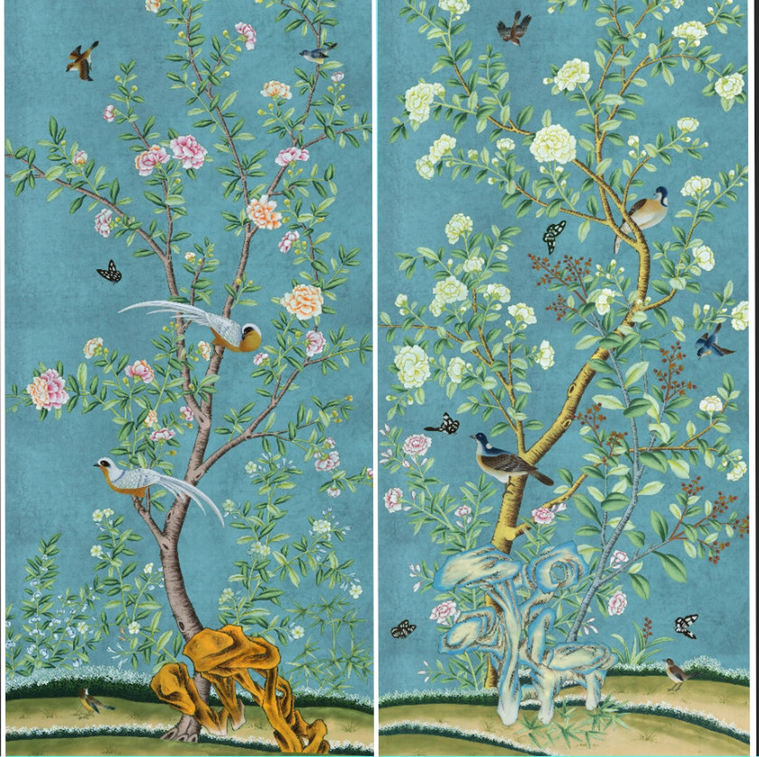 24"*48", A Set of 2 Panels Teal Blue Vintage Chinoiserie Floral Wall ...