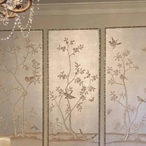 26"x60"/panel---Chinoiserie Panel Hand painted Wallpapers on Silver Metallic----no frame