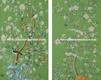 Vintage Chinoiserie Floral, Chinoiserie Green Panels, Set of 2, Wall Art, Wall Decor, Wall Decal, Wall Hanging ( no frame)