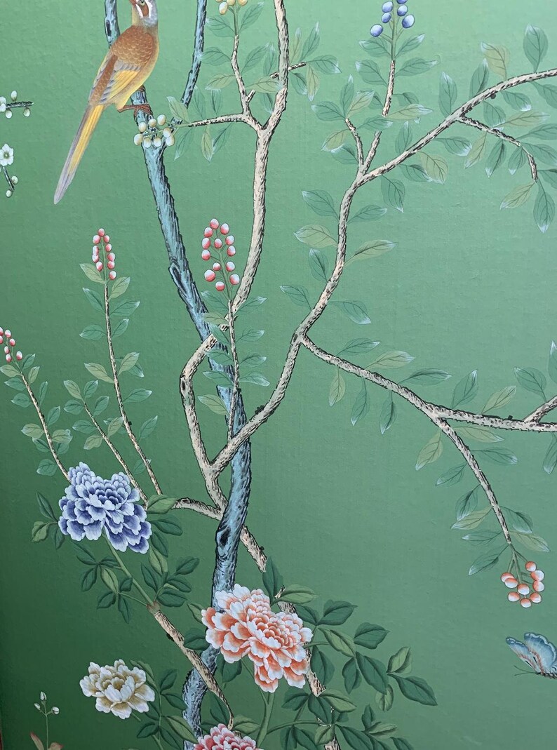 Chinoiserie wallpaper on Emerald green dyed silkdeposit Etsy