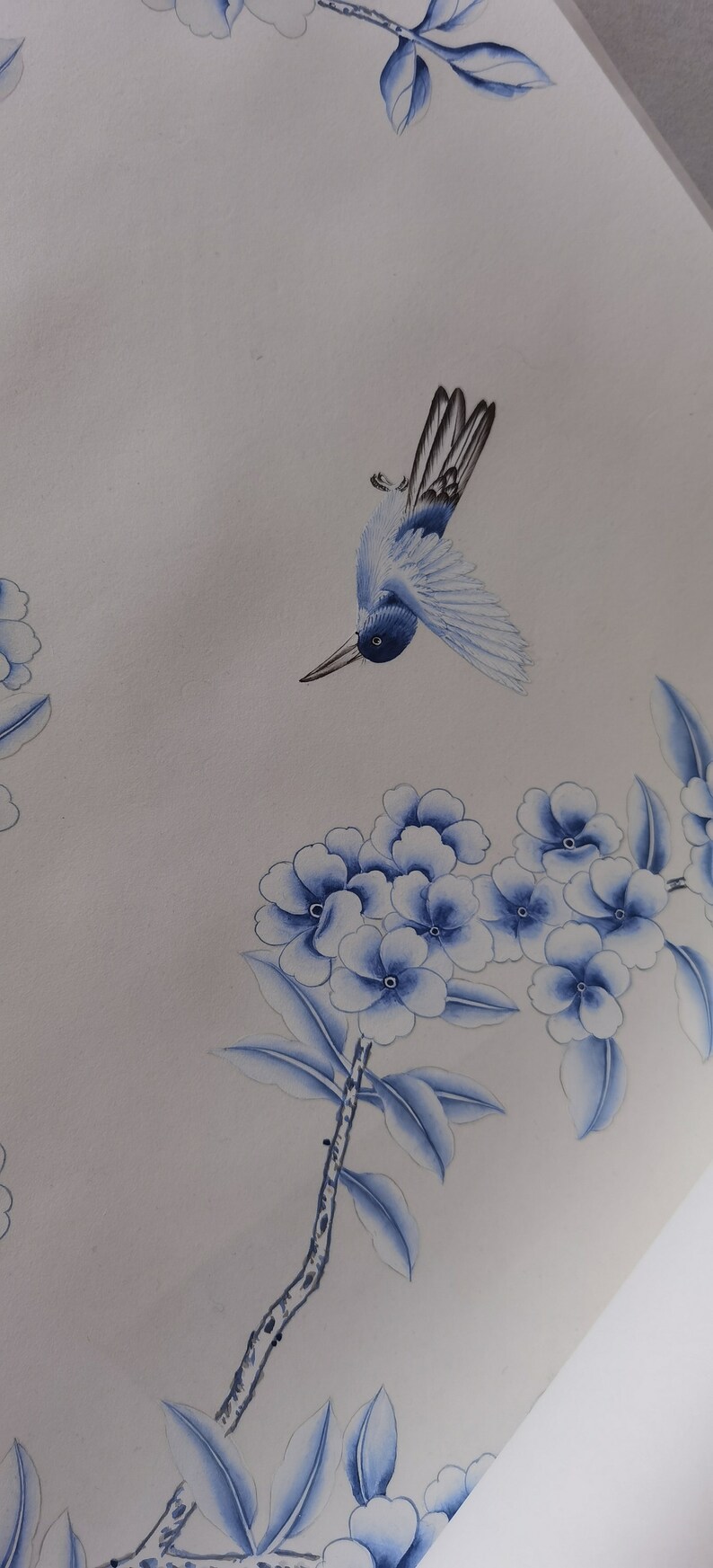 Blått och vitt porslin//vintage chinoiserie-tapet tryckt på non-woven-papper//Blommor och fåglar-tapet/Botanisk konst/Vägmålning bild 8