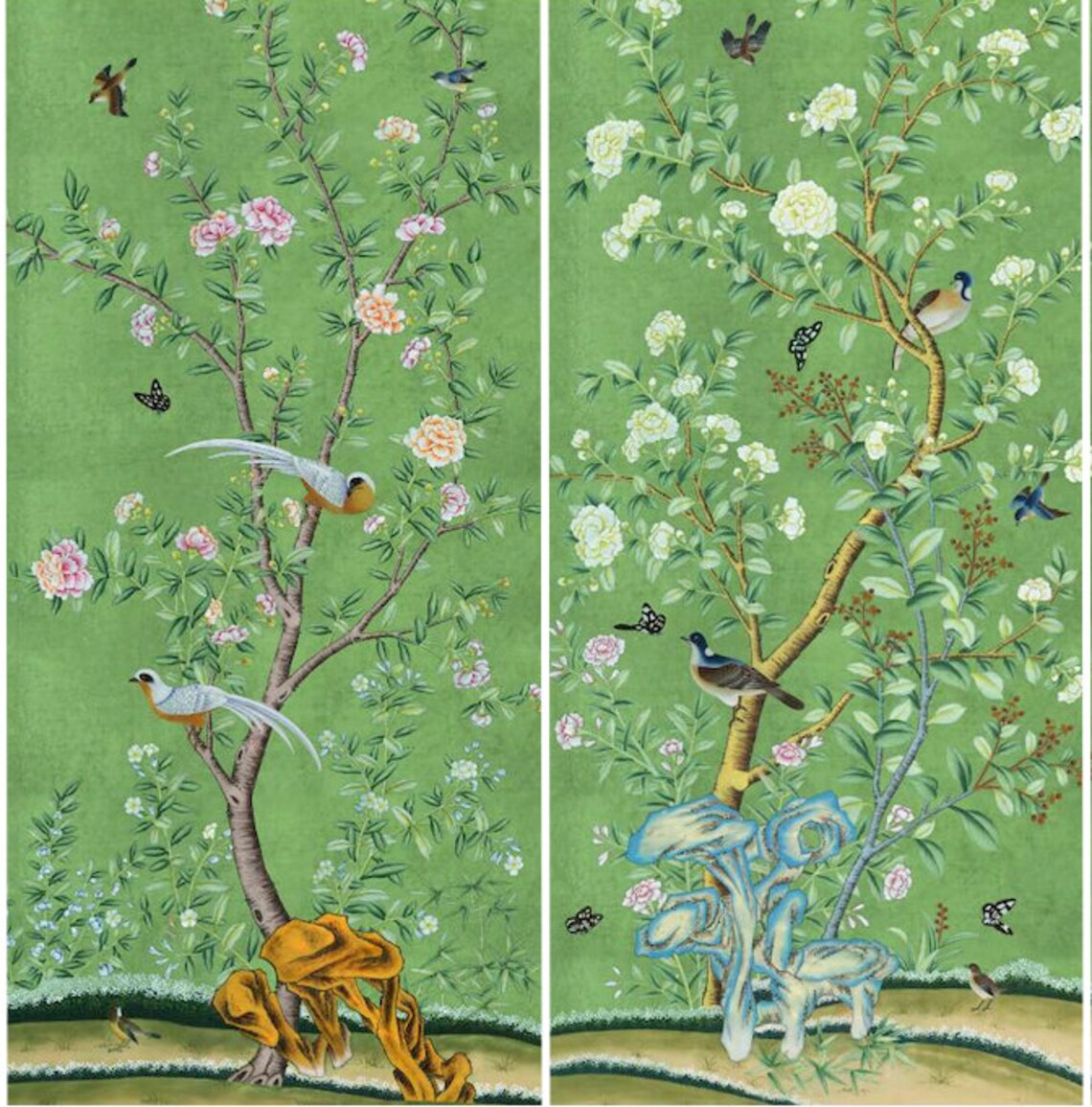 Vintage Chinoiserie Floral, Chinoiserie Green Panels, Set of 2, Wall ...